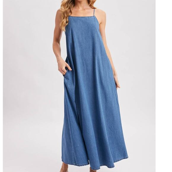 Bluivy Dresses & Skirts - Denim Chambray Open Back Maxi Dress - Sleeveless Tent Dress with Pockets